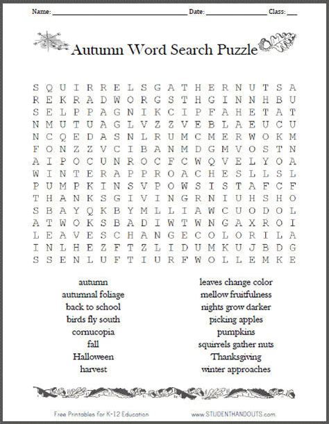Autumnfall Word Search Puzzle Free To Print Student Handouts