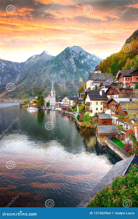 Classic Postcard View Of Famous Hallstatt Lakeside Town Reflecting In