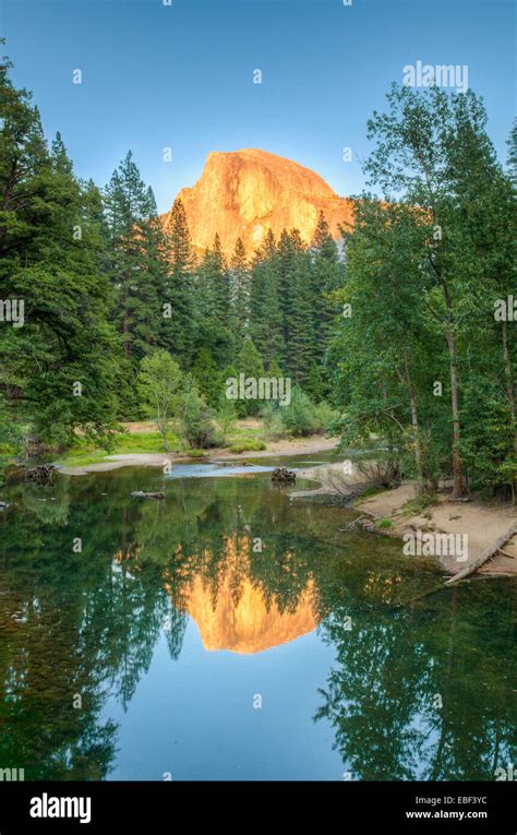 The Sunsetting On Half Dome Seen Reflecting In The Merced River In
