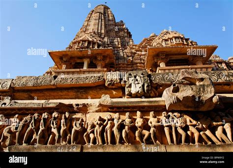 Sculpture On Lakshmana Temple Khajuraho Madhya Pradesh India Stock