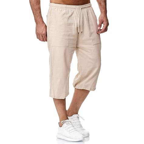 Mens Cotton Linen Plain Trousers Casual Elasticated Baggy 34 Long