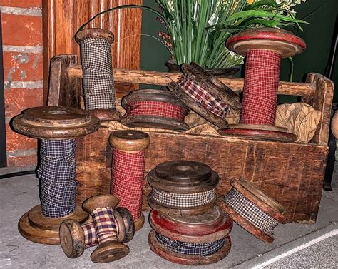Farmhouse Primitive Vintage Wood Spools With Homespun 4 Sizes Wooden
