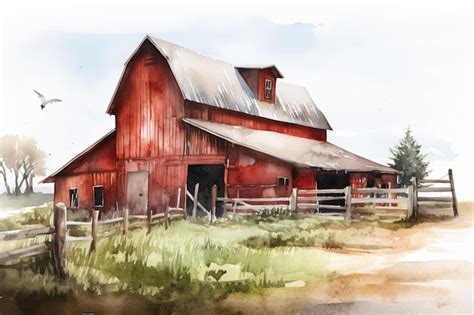 Premium Ai Image A Watercolor Painting Of A Red Barn