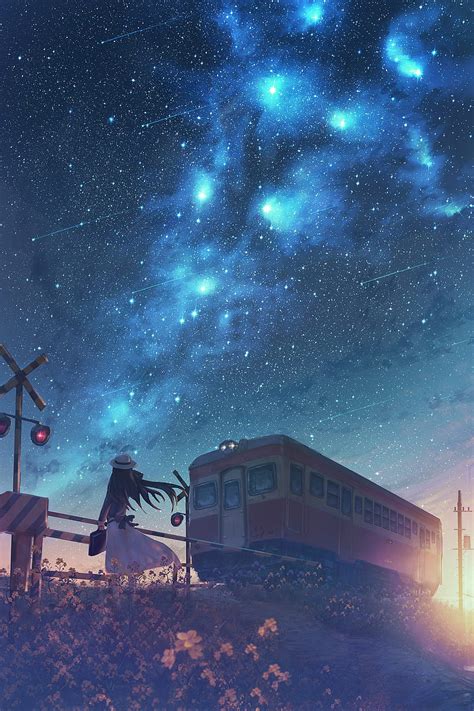 Anime Starry Sky Railroad Car Mood Anime Girl Scenic Falling Stars