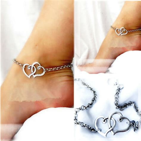 Sexy Double Heart Ankle Bracelet Silver Simple Infinity Chain Foot