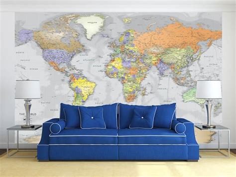 World Map Mural World Map Decal Detailed Gray Oceans Etsy Map