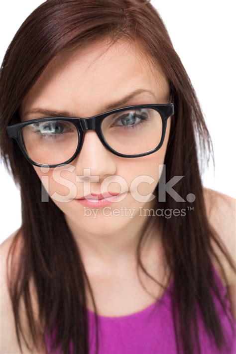 Close Up On Pretty Brunette With Glasses Posing Stock Photo Royalty