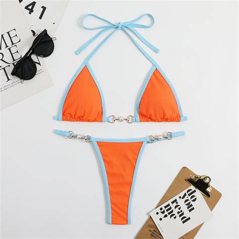Patchwork Color Hanging Neck Triangle Bikini Set Sexy Beach Swimsuit