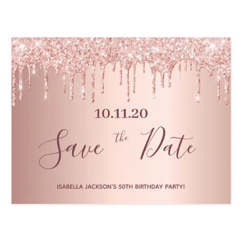 50th Birthday Rose Gold Glitter Save The Date Postcard