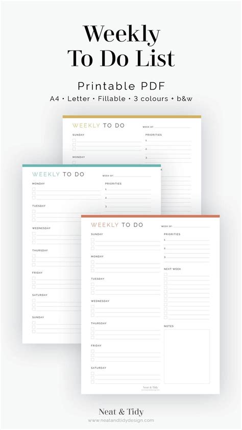 Weekly To Do List V3 Fillable Printable PDF Task Etsy