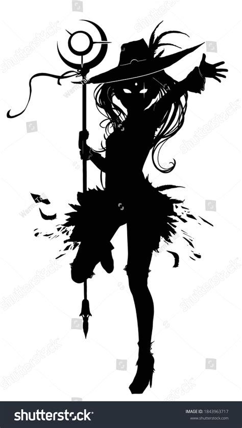 Silhouette Cute Sinister Sorcerer Girl Crescentshaped Stock Vector