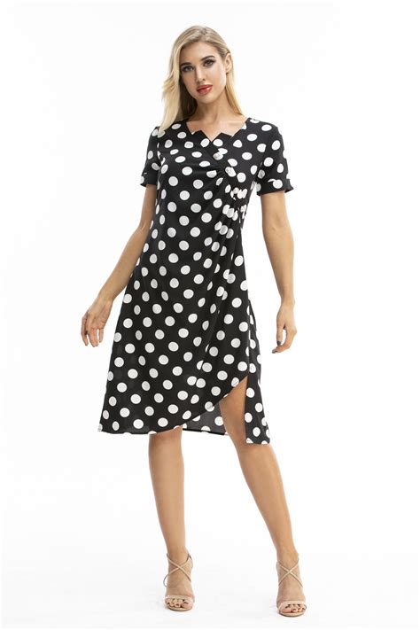 top she women s polka dot print pearl button dresses casual short sleeve w neck summer dress