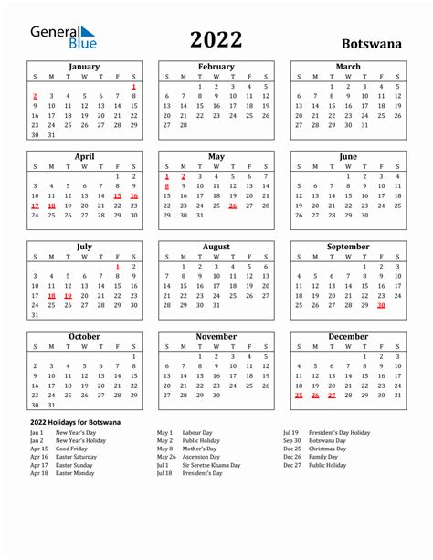 Free Printable 2022 Botswana Holiday Calendar