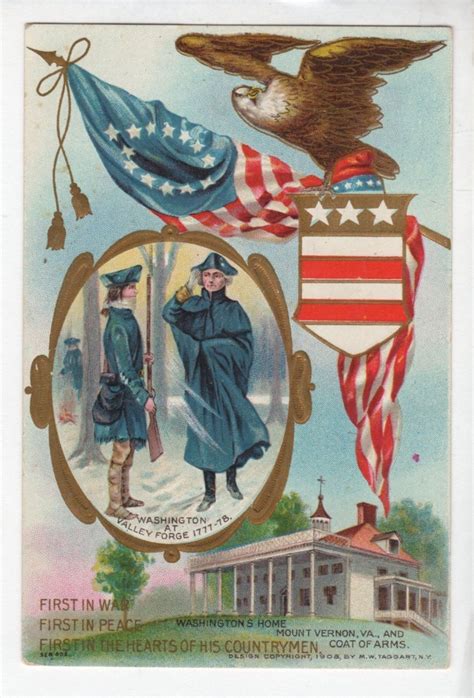 P129 Postcard Patriotic Washington At Valley Forge Eagle 13 Star Fleg