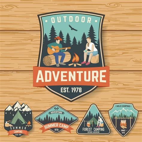 set of summer camp badges on the wood board vector 11235460 vector art at vecteezy
