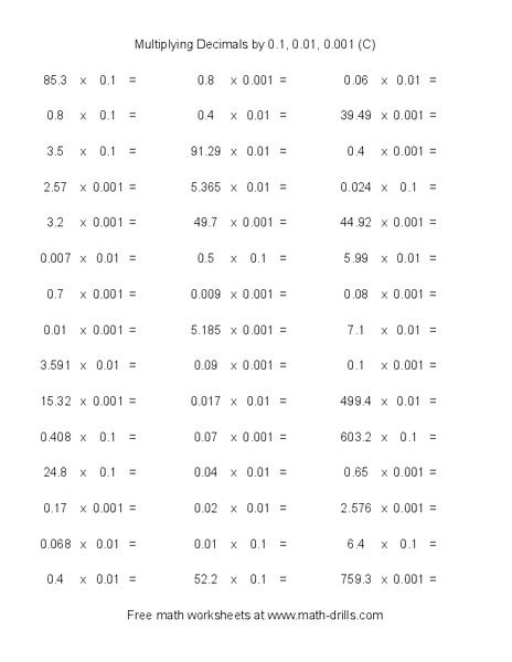 Multiplying Decimals By 01 001 0001 C Worksheet For 5th 7th