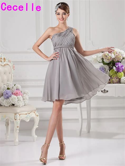 2017 New Short Grey One Shoulder Beach Bridesmaids Dresses With Straps