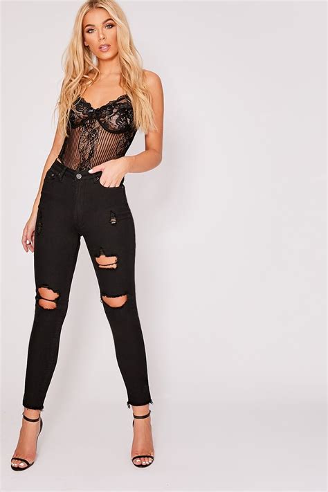 black denim high waisted multi rip frayed hem skinny jeans with images high waisted ripped