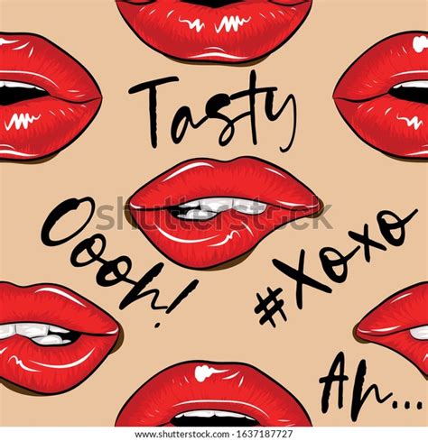 Vector Seamless Pattern With Beautiful Woman Lips And Sexy Words Xoxo