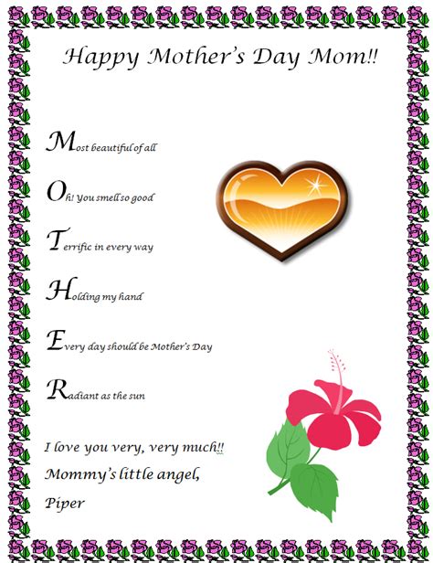 Free Printable Christian Mother's Day Acrostic Card

