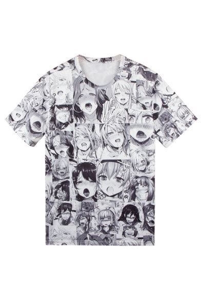 Mens New Trendy Short Sleeve Round Neck Ahegao Comic Printed Black And
