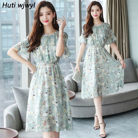 Plus Size Summer New Vintage Floral Chiffon Midi Dress 2019 Korean
