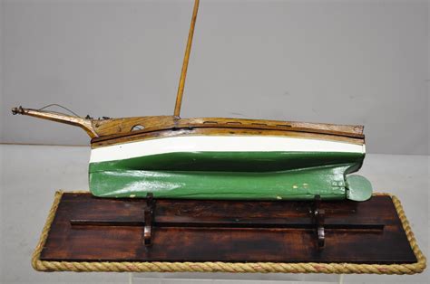 Antique Large Oakwood Model Sailboat Ship Boat On Base Stand For Sale