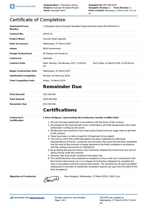 Certificate Of Completion For Construction Free Template Sample