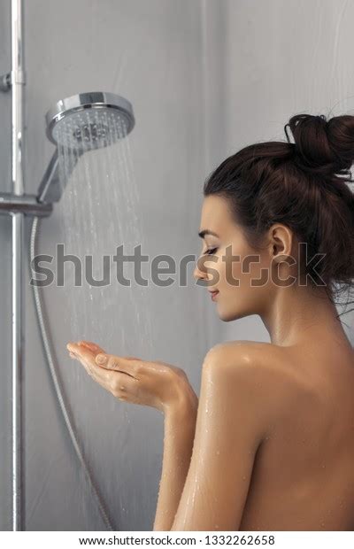 beautiful girl standing shower portrait happy 스톡 사진 지금 편집 1332262658