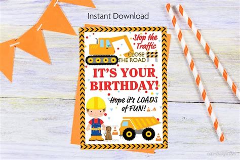 Construction Birthday Card Instant Download Digital Card For Etsy