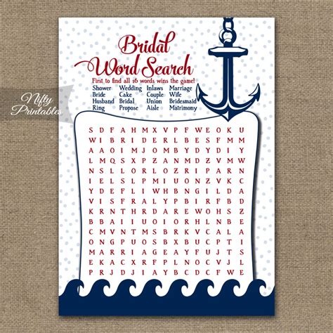 Printable Bridal Shower Word Search Game Nautical