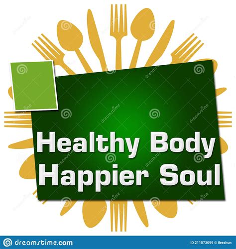 Healthy Body Happier Soul Spoon Fork Knife Circular Green Squares Stock