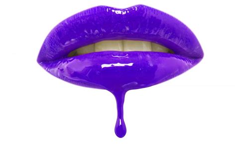 Close Up Of Purple Lip Gloss Dripping From Womans Lips Over White