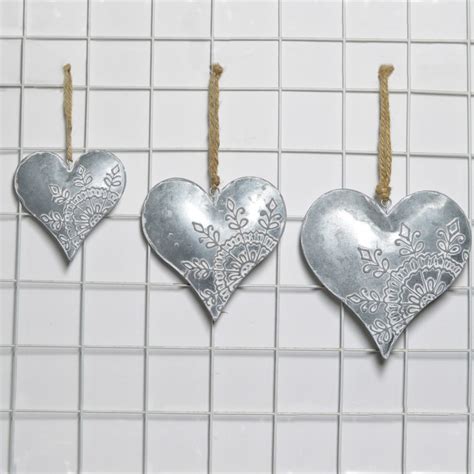 Rustic Small Silver Hanging Metal Heart Shaped Christmas Ornament