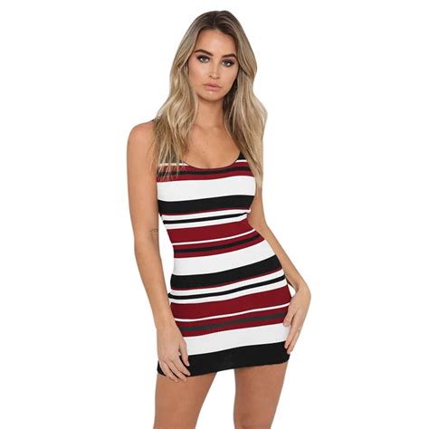 buy sexy women knitted slip dress fashion contrast color stripes scoop neck