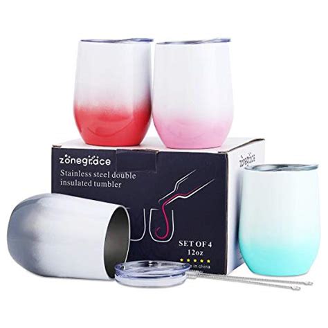 zonegrace 4 pack 12 oz stainless steel stemless wine glass tumbler double wall vacuum insulated