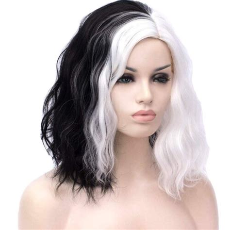 Fashionable Short Half Black And Half White Synthetic Women Wigs For