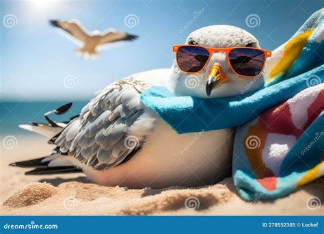 cute elegant seagull is on summer vacation sunbathing at seaside resort and relaxing on summer