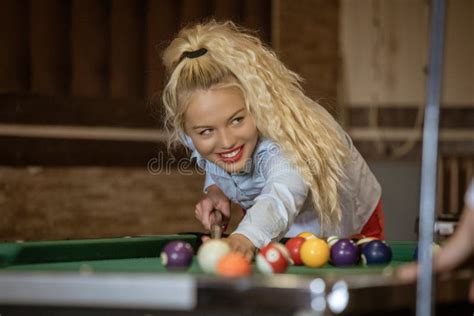 Beautiful Smiling Blonde Women Playing Billiards Stock Image Image Of