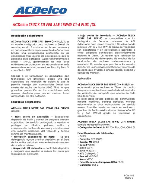 Pds Acdelco Truck Silver Sae 15w40 Api Ci 4 Plus Sl 2 Oct 2019 Hddo