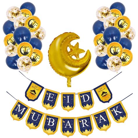 Buy Atfunshop 34pcs Eid Mubarak Decoration Blue Gold Balloons Moon And