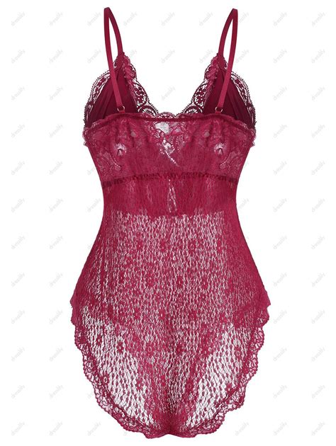 29 Off 2020 Plus Size Sheer Lace Snap Crotch Teddy In Deep Red