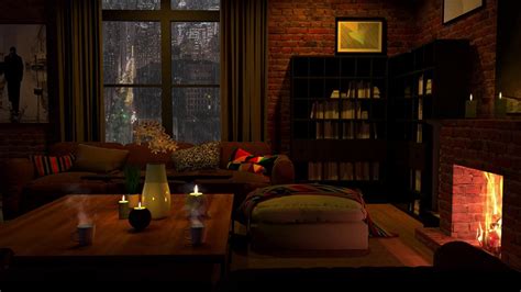 Cozy Livingroom Rain On Window And Fireplace Sounds Night City View