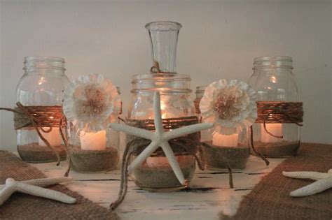 Rustic Beach Wedding Decor Mixed Mason Jars Wcandles And Vase