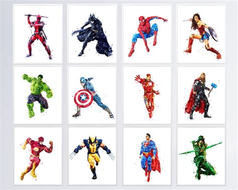 Superhero Art Prints Set Of 12 Marvel Dc Avengers Etsy
