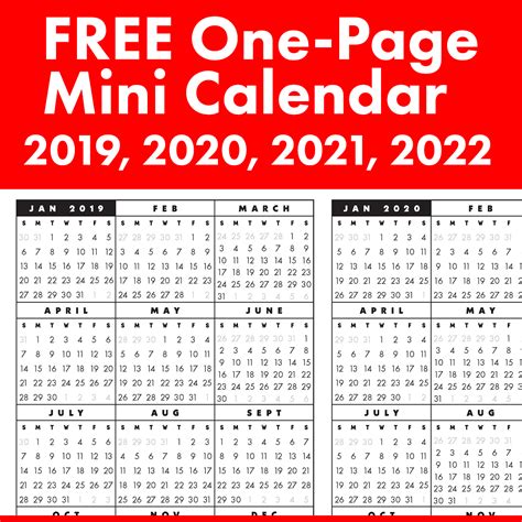 Free Full Year Single Page 2019 2020 2021 2022 At A Glance