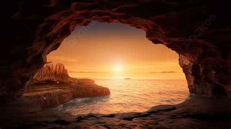 Awe Inspiring Sunset Ocean View From Inside A Cave In 3d Background