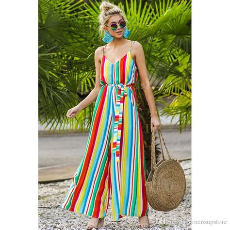 2020 Women Summer Jumpsuits One Piece Colorful Rainbow Striped Straight Pants Spaghetti Rompers