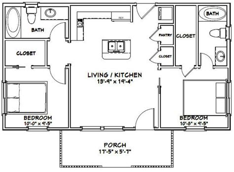 36x20 House 2 Bedroom 2 Bath 720 Sq Ft Pdf Floor Plan Instant Download