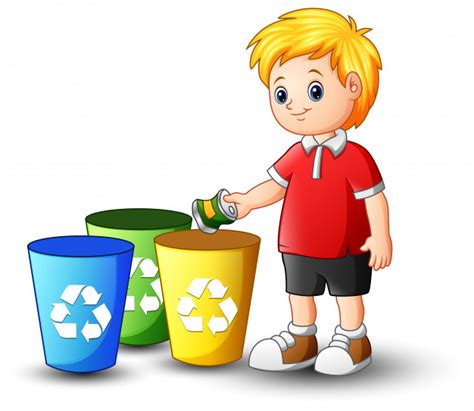 ¿qué es un niño reciclando basura? Niño poniendo aluminio en papelera de reciclaje | Vector ...
